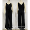 Suspended V Neck Waist Strap Straight Tube Jumpsuit